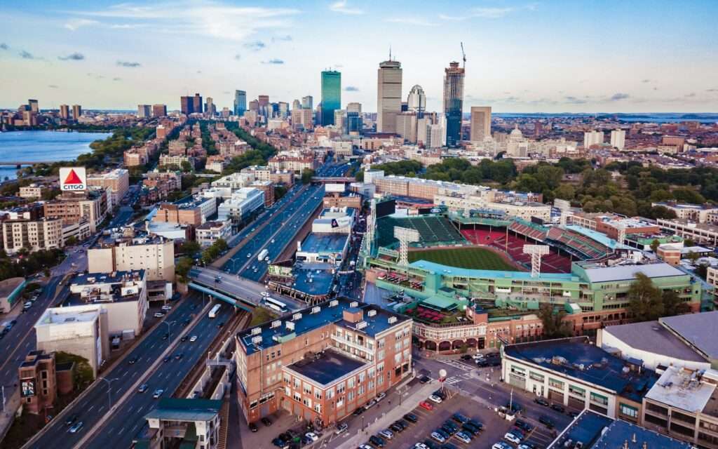 Aerial view of Boston with Fenway Park, the Citgo sign, and the downtown skyline