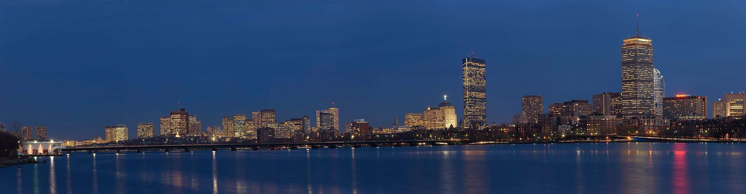 The Boston skyline and Back Bay across the Charles River at dusk